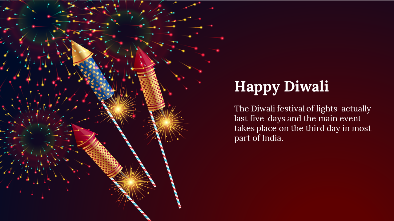 Festive Diwali design with rockets and fireworks on left and white ‘Happy Diwali’ greeting with text on red gradient right.