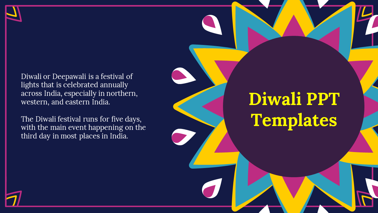 Colorful mandala pattern on right with bold yellow text in center circle, white Diwali description text on dark blue left.