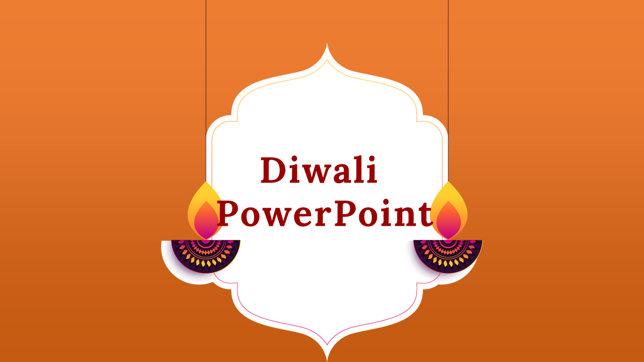 Central white shape with text and two festive lamps on bottom corners, set against a gradient orange Diwali background.