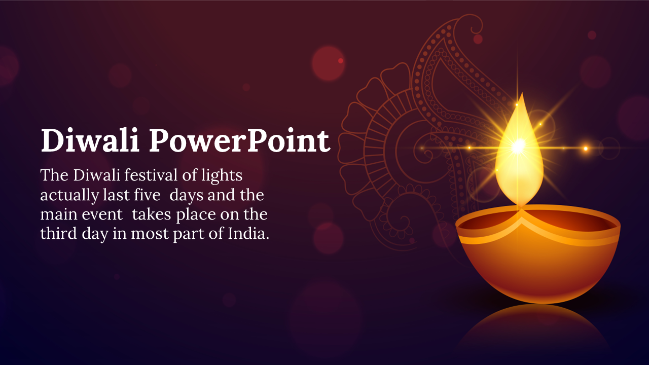 Glowing Diwali diya on right over dark background with mandala design, white text and heading on left side.