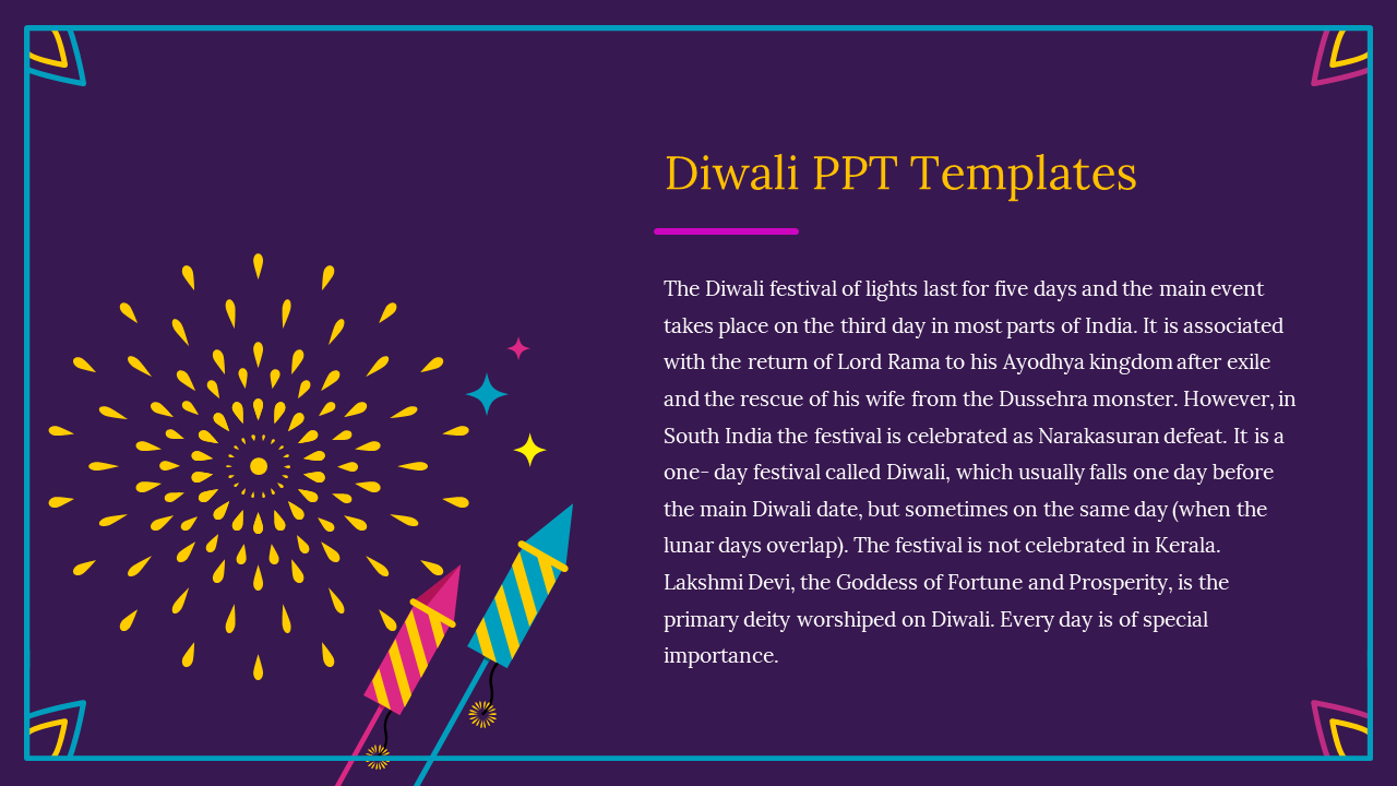Diwali slide with yellow burst and rockets on left, white festival text on dark purple background with pink and cyan borders.