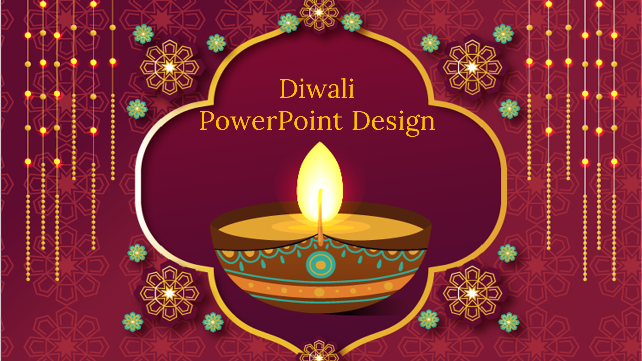 Diwali PowerPoint slide with bright diya, arch style border, and decorative hanging beads on patterned maroon background.