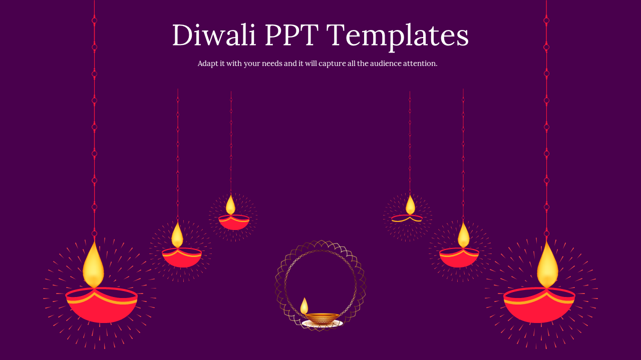 Festive slide with seven glowing oil lamps, six hanging and one centered, over a purple backdrop with Diwali heading text.