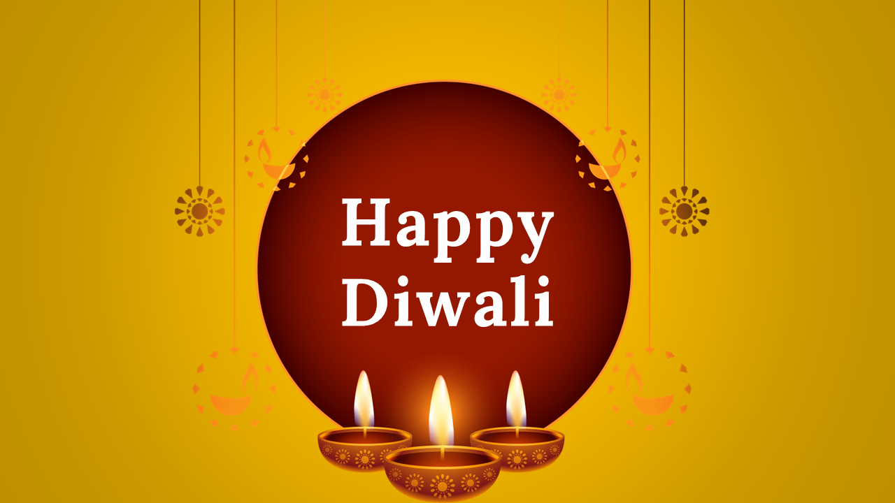 Three glowing clay lamps below a red circular frame with “Happy Diwali” text, surrounded by festive hanging motifs.