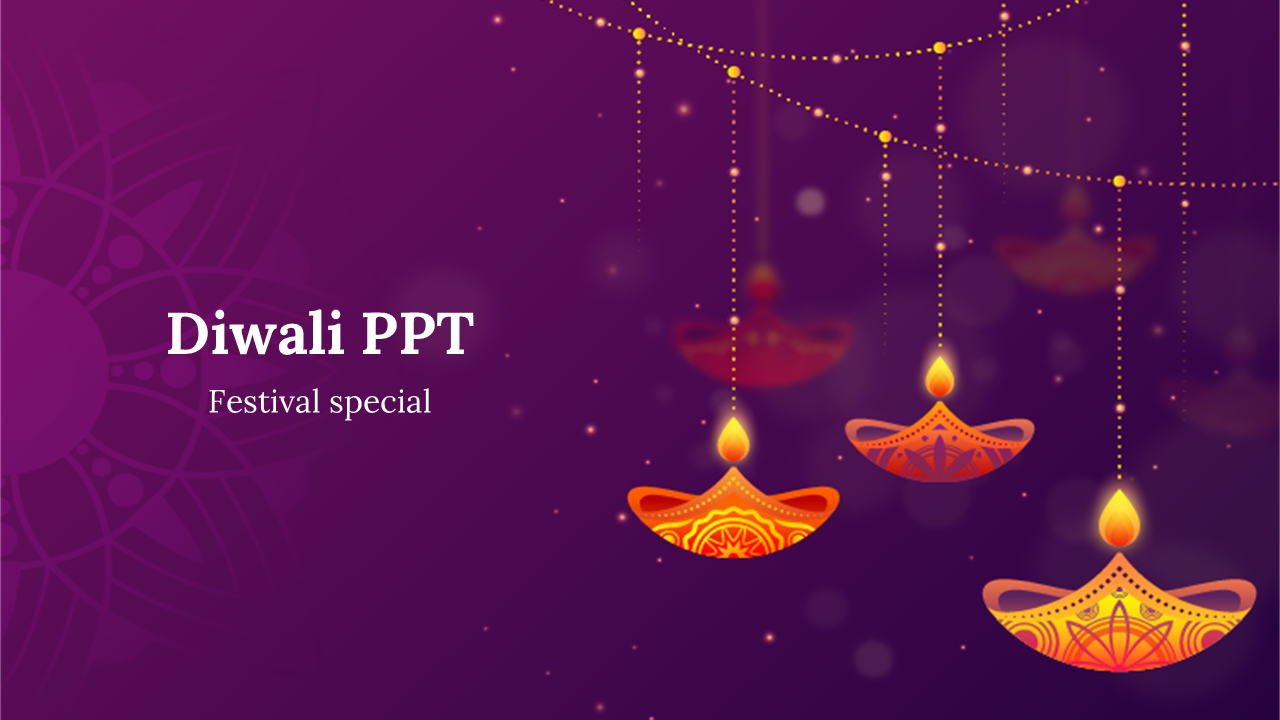 Festive purple background with golden hanging lamps, mandala pattern on left, and white Diwali presentation text.