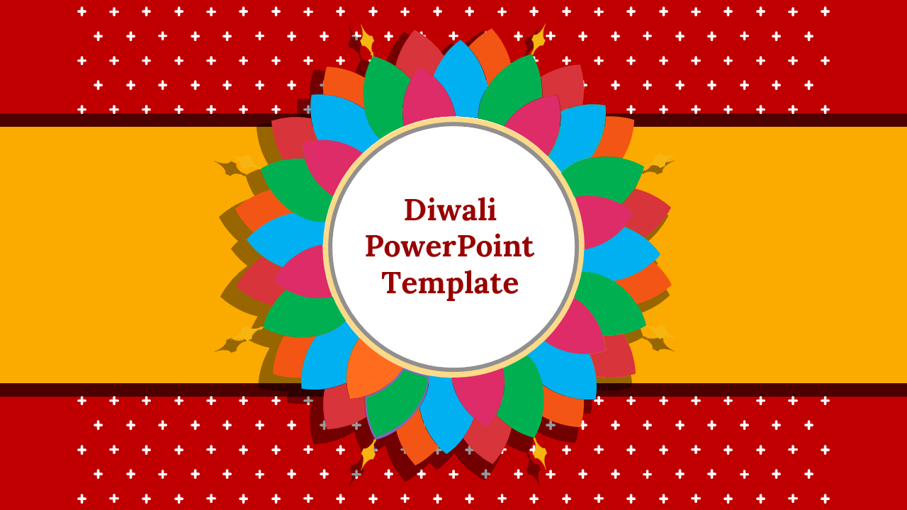 Colorful Diwali flower pattern with central white circle for text, on red and yellow background with white plus signs.