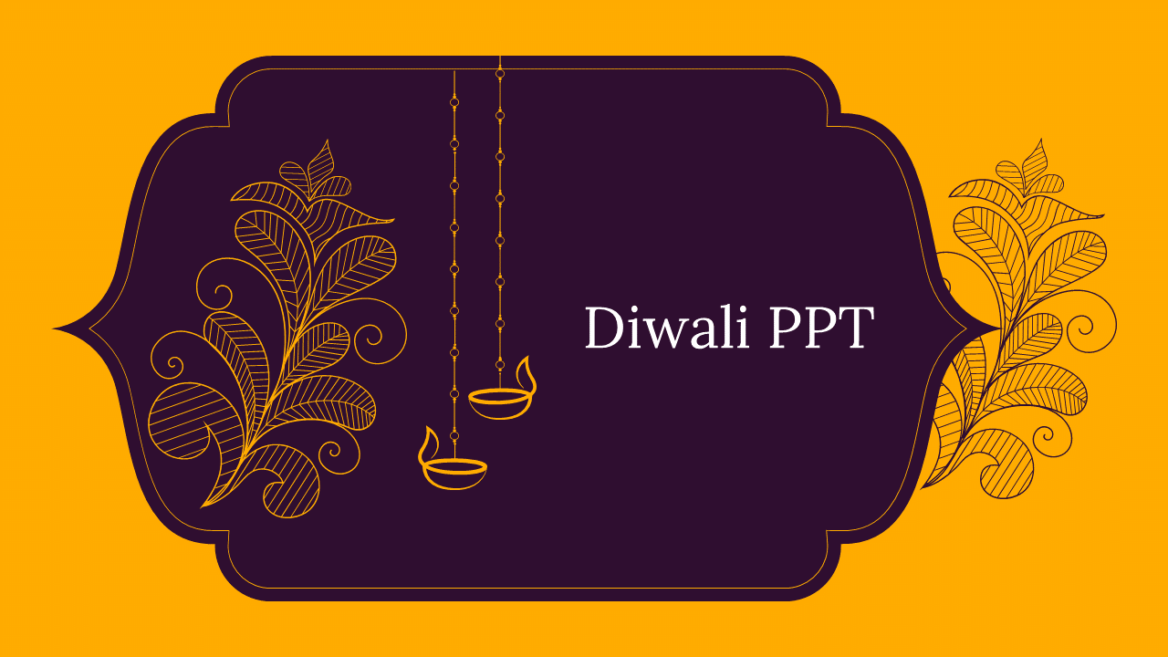 Elegant Diwali template with central purple panel, yellow floral designs and outlined diyas hanging from above.