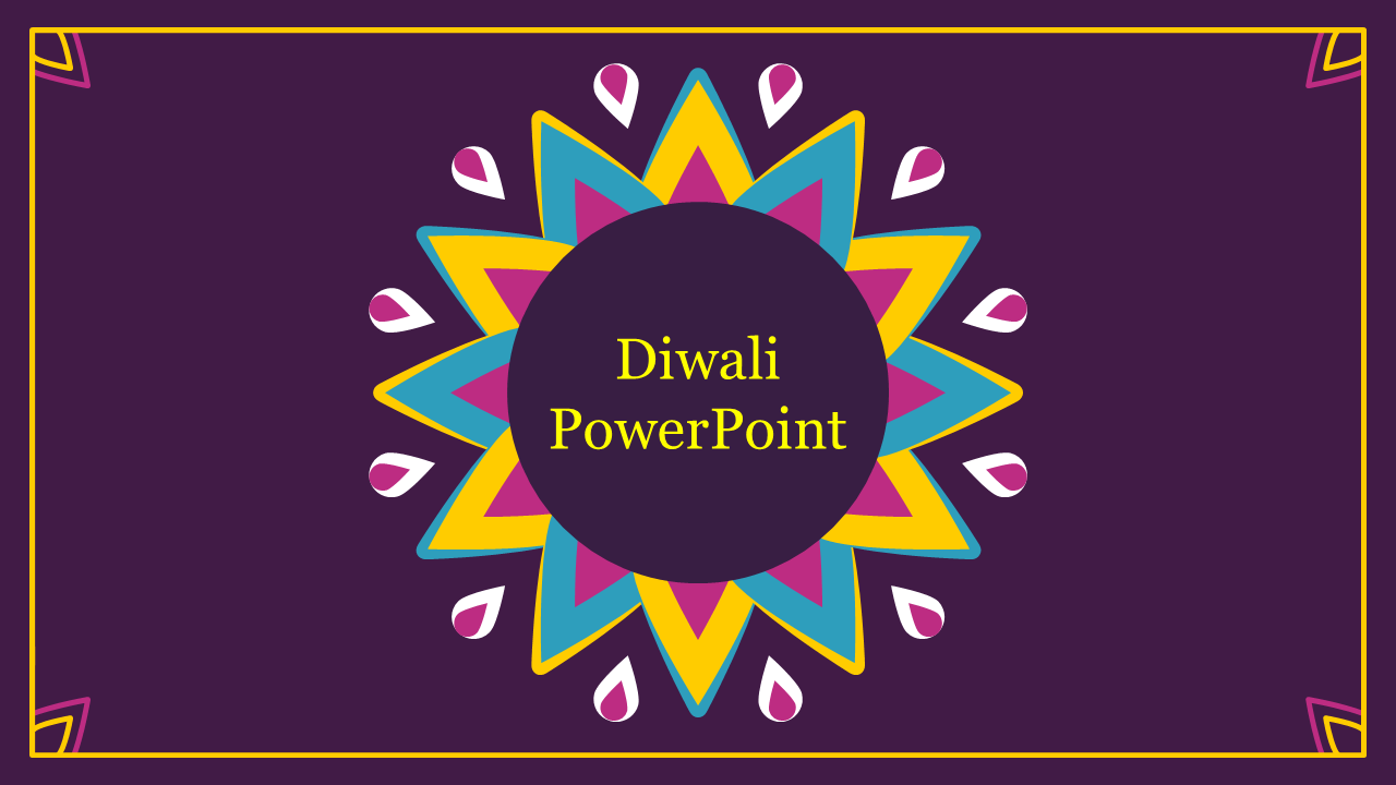 Purple background with geometric rangoli flower centered around yellow text, framed by corner motifs and thin border.
