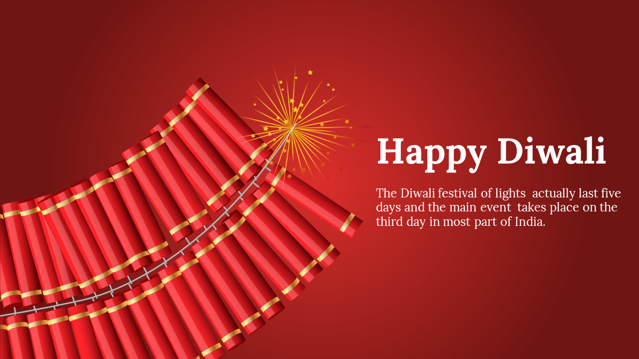 Firecracker bundle with golden explosion on red background, bold white Diwali wishes and message aligned to the right.