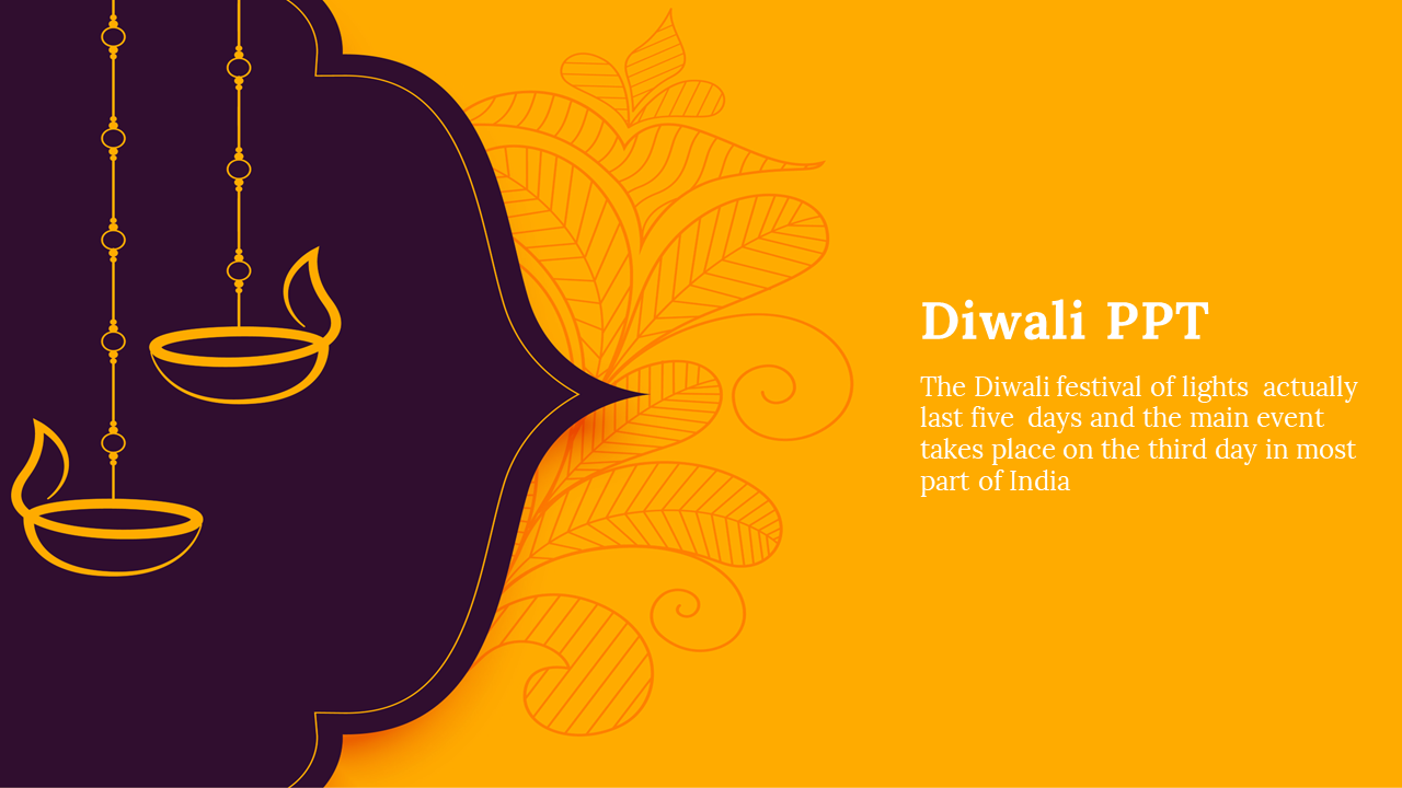 Decorative Diwali layout with dark ornate frame, hanging diya icons, and white text on vibrant yellow floral background.