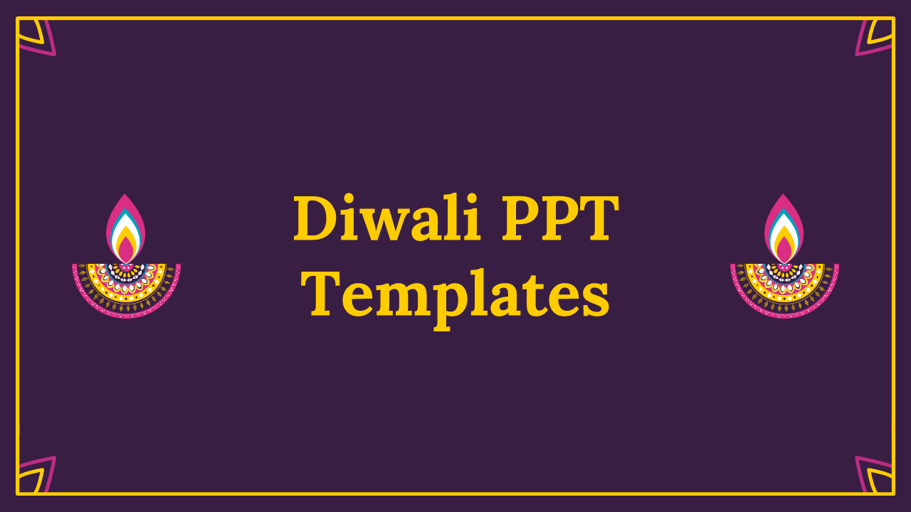 Symmetrical Diwali layout with bright oil lamps at corners and yellow title text on a deep purple background with border.