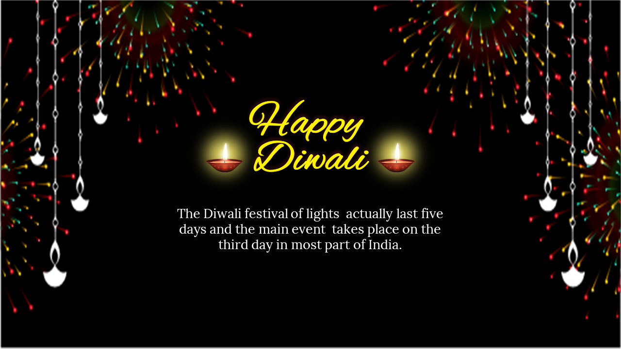 Diwali greeting slide with glowing diyas, colorful fireworks, and white hanging lamp icons on a black background.