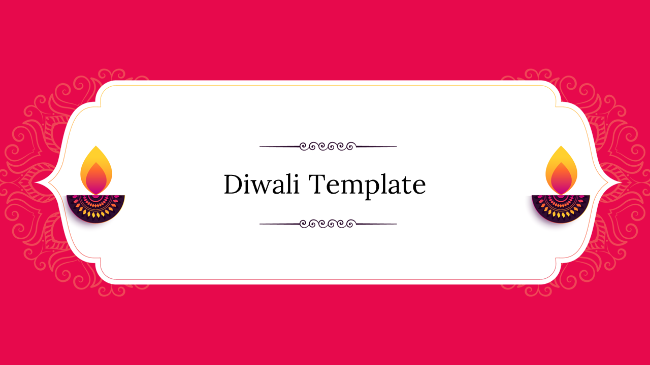Elegant Diwali slide with centered text in white box, decorative borders, and symmetrical diyas on a festive pink backdrop.
