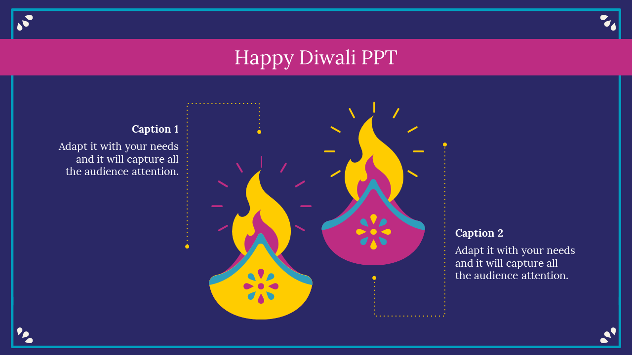 Dark blue background with large yellow and pink festive lamps, dotted lines linking to left and right caption areas.