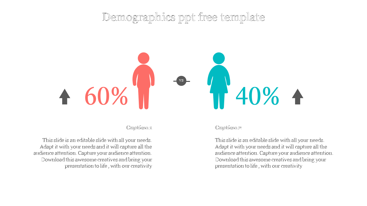 Demographic template with male and female icons, large percentages, upward arrows, and two editable text boxes.