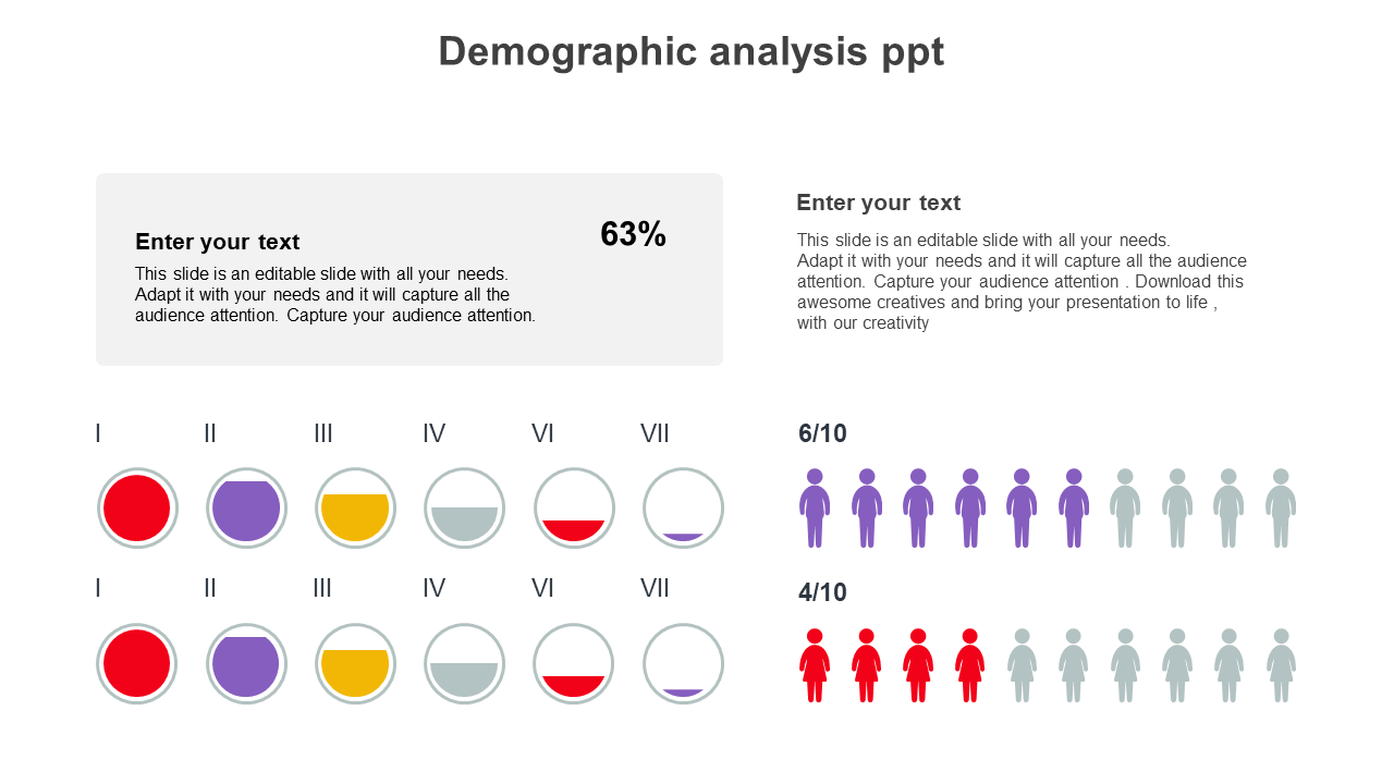 Analysis template with percentage box, circular indicators in red, purple, and yellow, and icon rows comparing group counts.