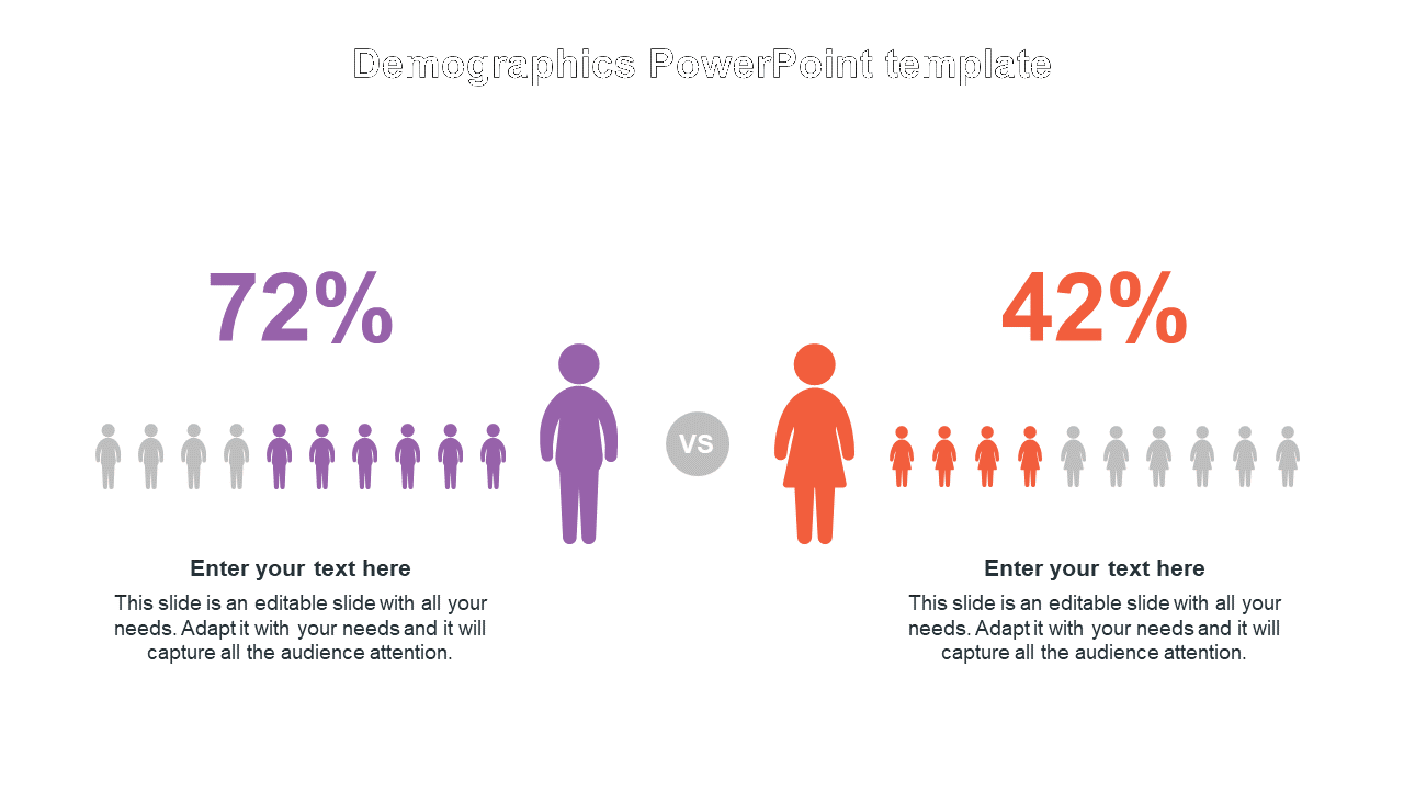 Comparison template with large male and female icons, percentage values, and rows of 10 smaller figures in matching colors.