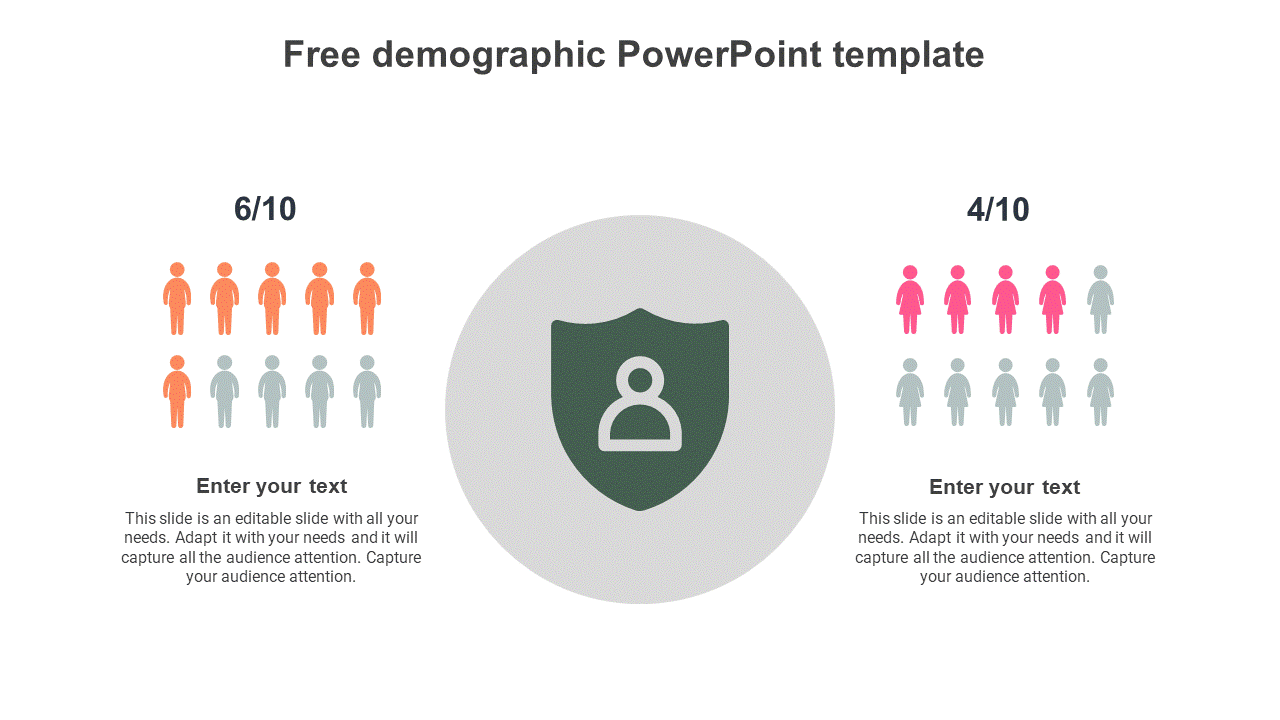 Demographic comparison with orange and pink figure rows, shield symbol in center, and editable text areas on both sides.