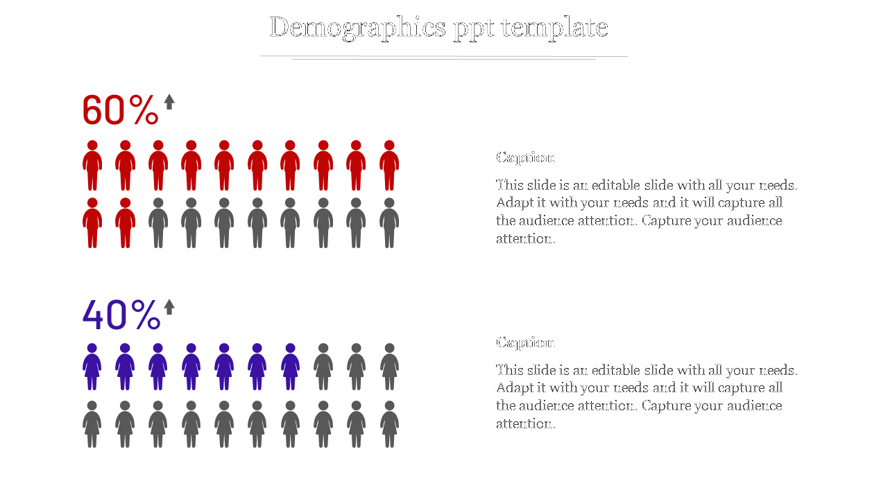 Infographic showing male and female percentages in red and purple, with grouped icons and placeholder caption areas.