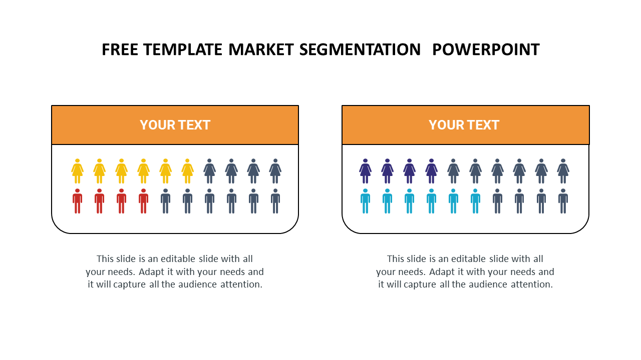 Market segmentation slide featuring colored gender figures grouped under orange titles with customizable text sections.