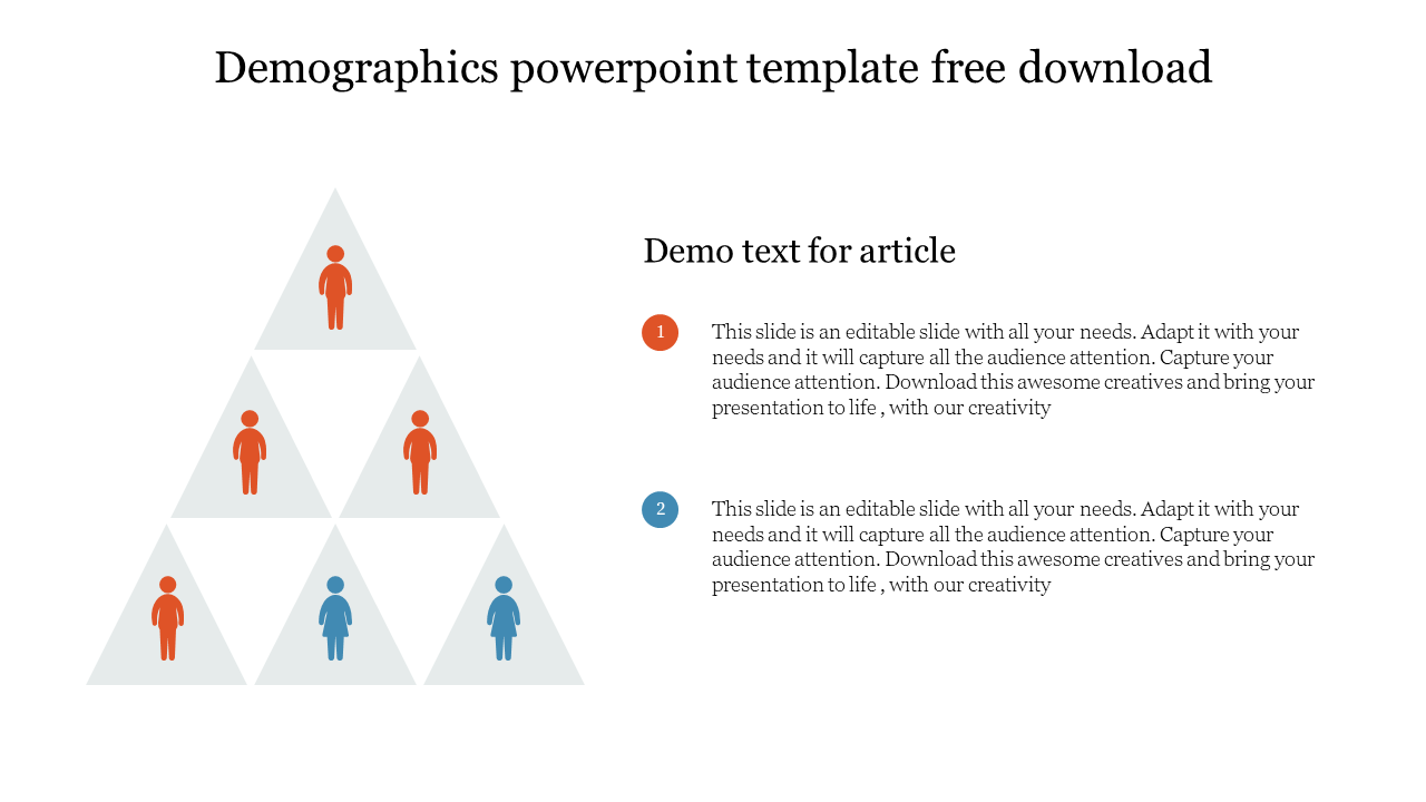 Pyramid of triangles with red and blue figure icons on the left, paired with two article numbered captions on the right.