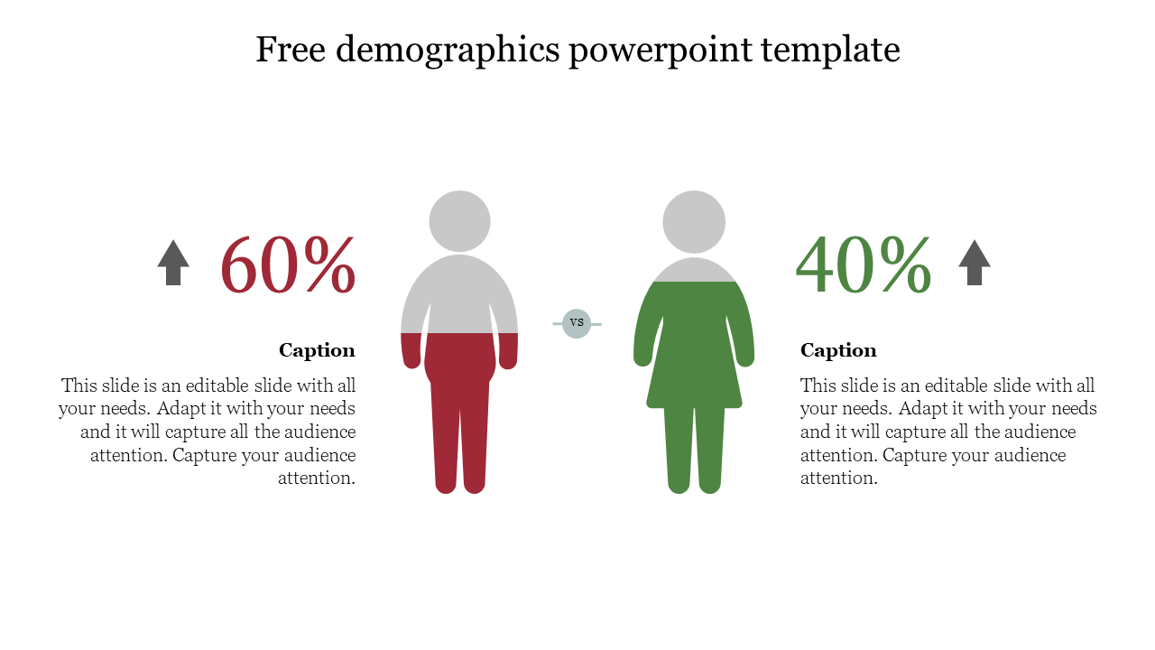 Infographic slide with red and green segmented figures, percentage values above, and editable captions underneath each.