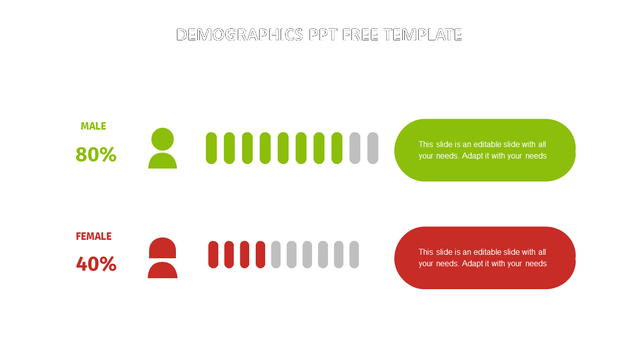 Infographic showing male and female segments with colored person icons, vertical bars, and editable caption areas.