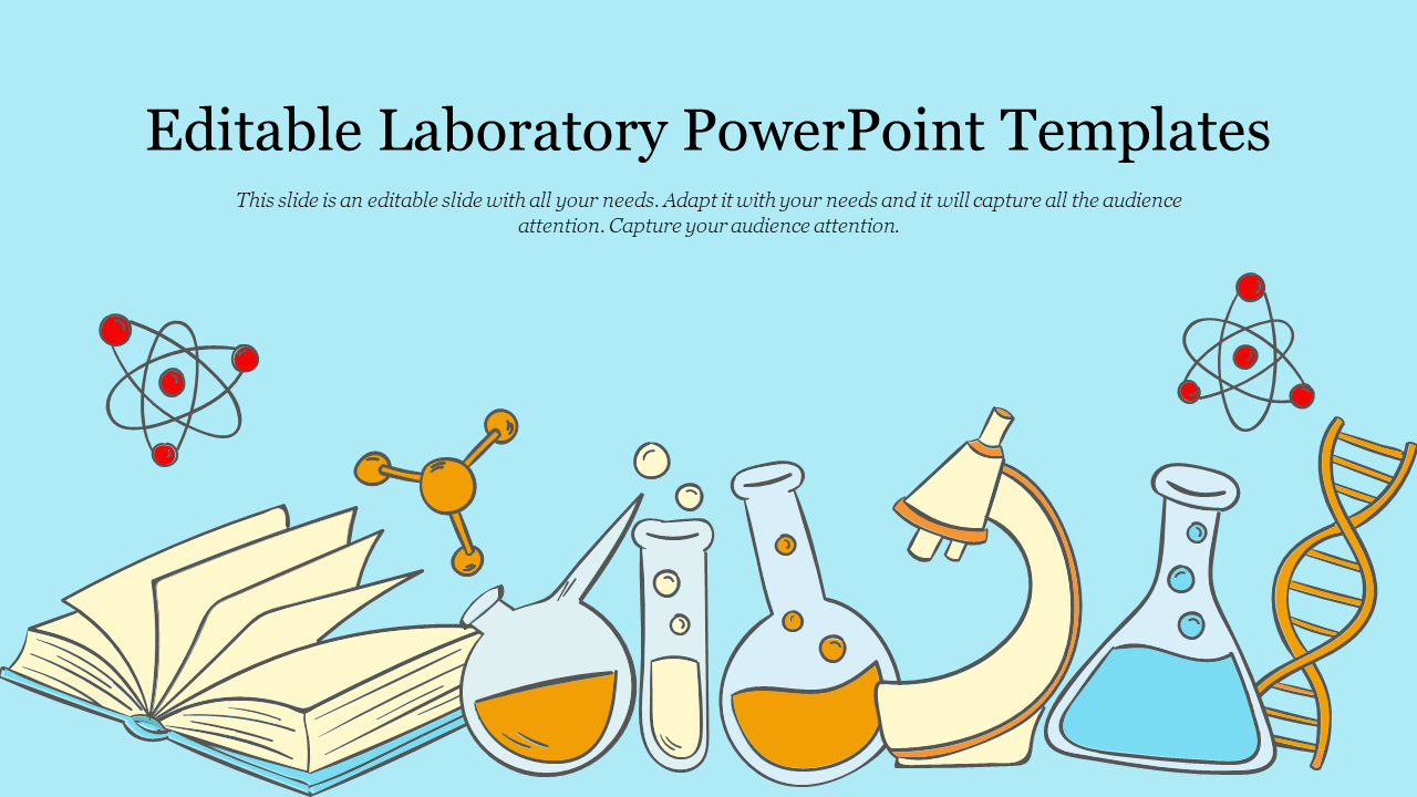 Science illustration featuring books, lab glassware, DNA helix, atoms, and microscope under a bold title on blue backdrop.