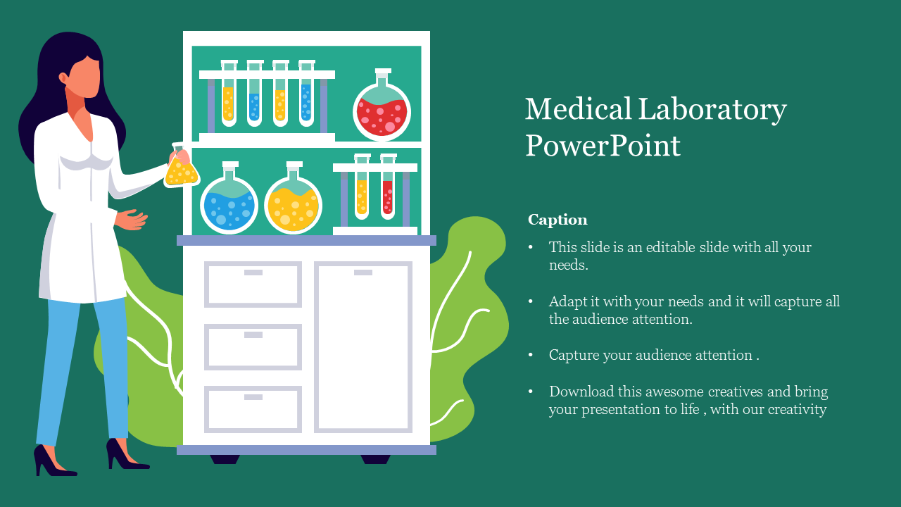 Medical lab scene with a woman holding a yellow flask, surrounded by shelves of colorful lab glassware and side caption text.