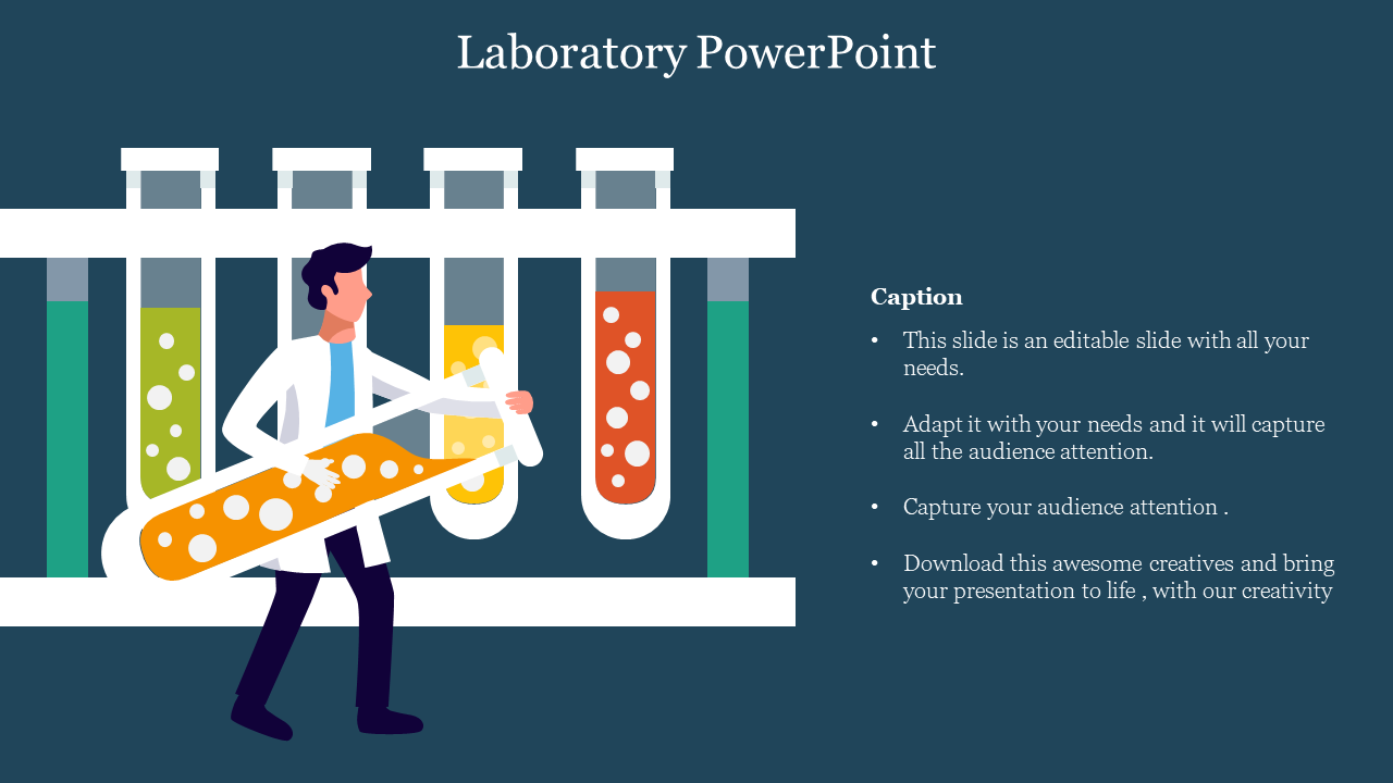 Lab scene with man in white coat carrying oversized orange flask, six filled test tubes behind and editable text on right.