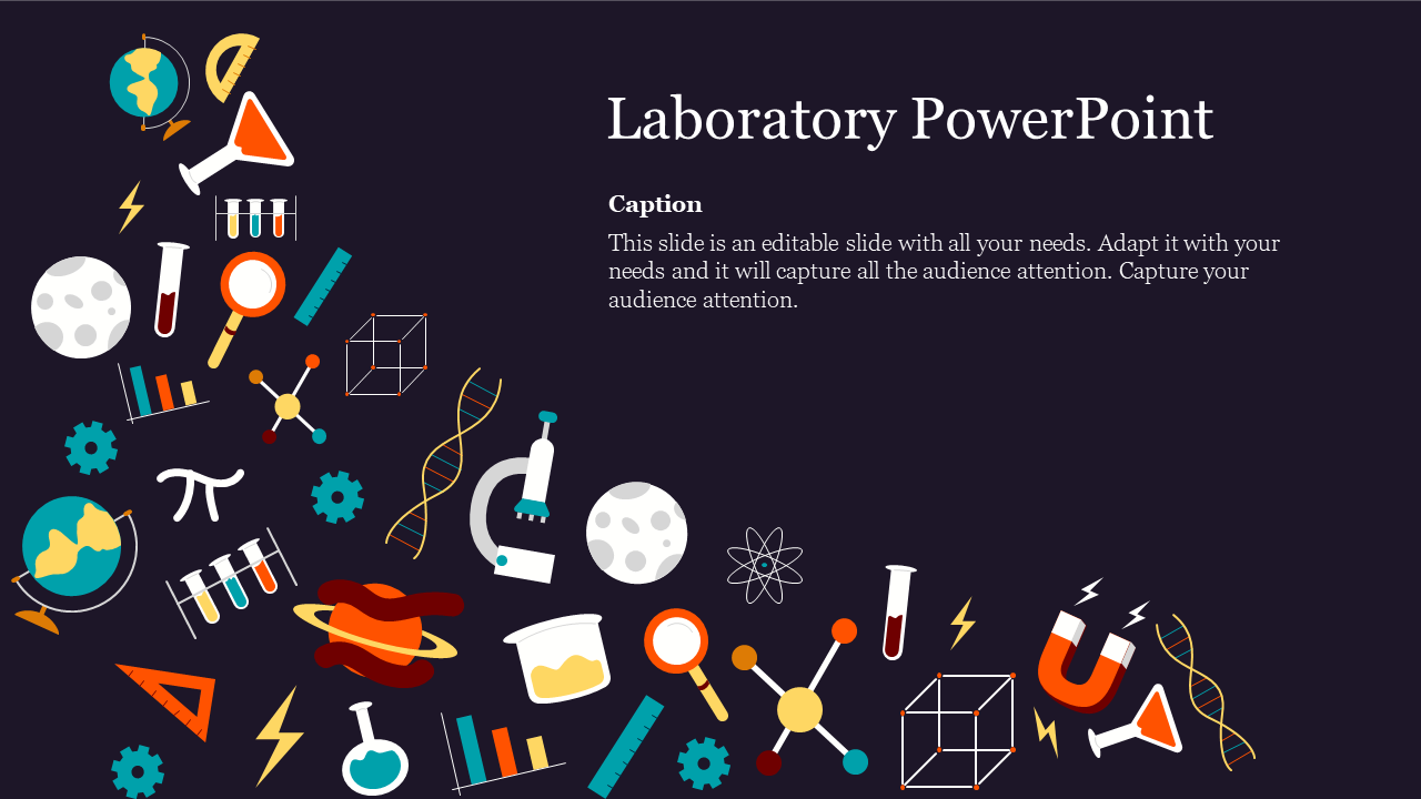 Dark slide with colorful lab icons like flasks, molecules, planets, and DNA strands scattered around a right aligned caption.