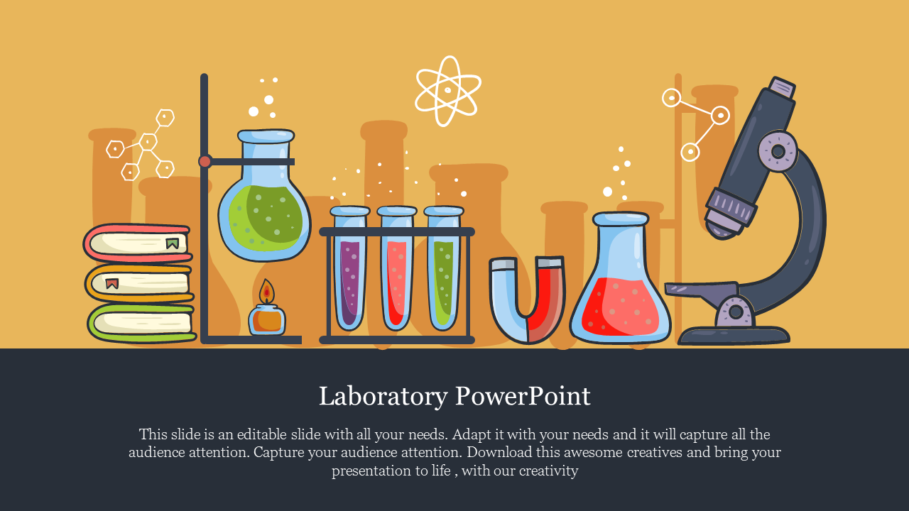Laboratory elements including glassware, burner, magnet, and microscope over an orange backdrop with caption area below.