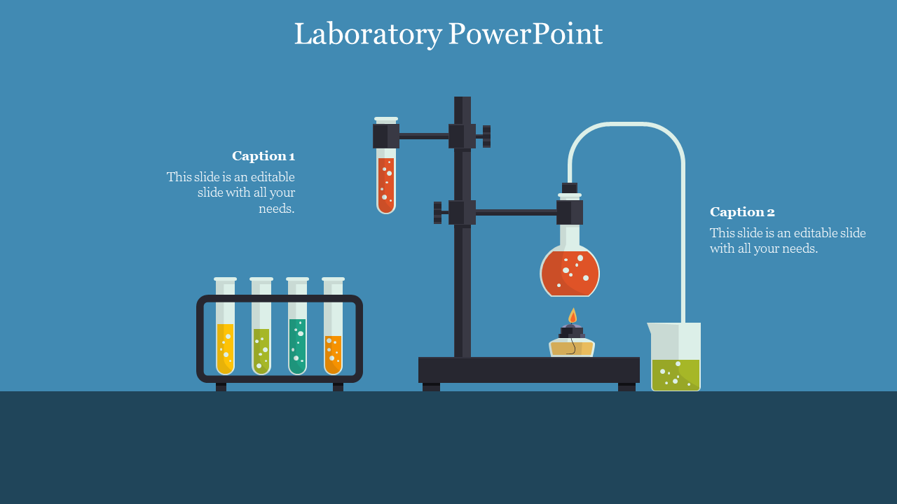 Laboratory illustration showing experiment stand, burner, flasks, and colorful test tubes with left and right text boxes.