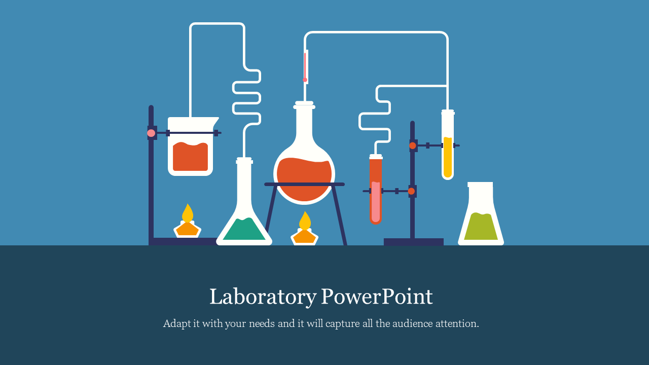 Laboratory slide showing interconnected glassware with colorful liquids and burners, with title on dark footer.