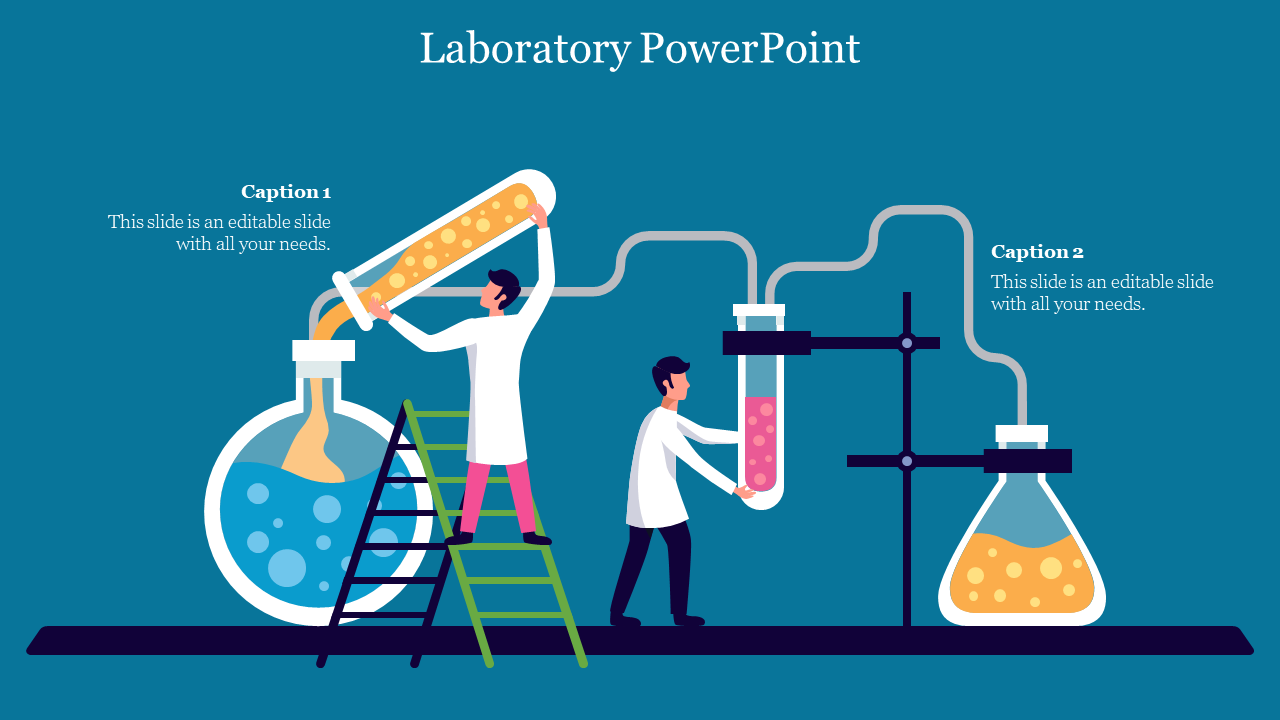 Lab illustration with two men handling large chemical glassware connected by tubing, and two caption areas on each side.