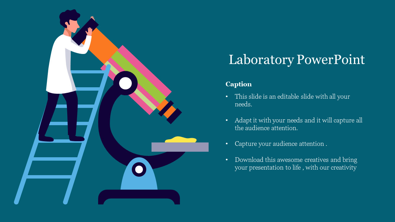 Scientist on a ladder looking into a giant colorful microscope, with blue background and caption text on the right.