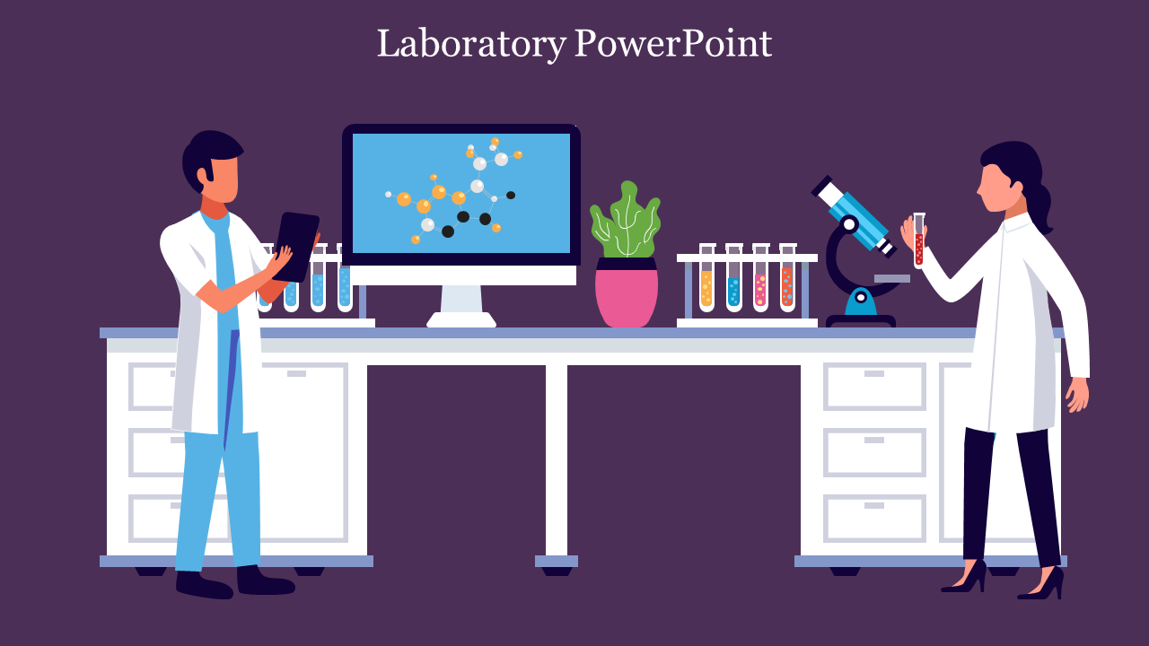 Laboratory workspace featuring researchers, colorful test tubes, microscope, and molecular display on a monitor.