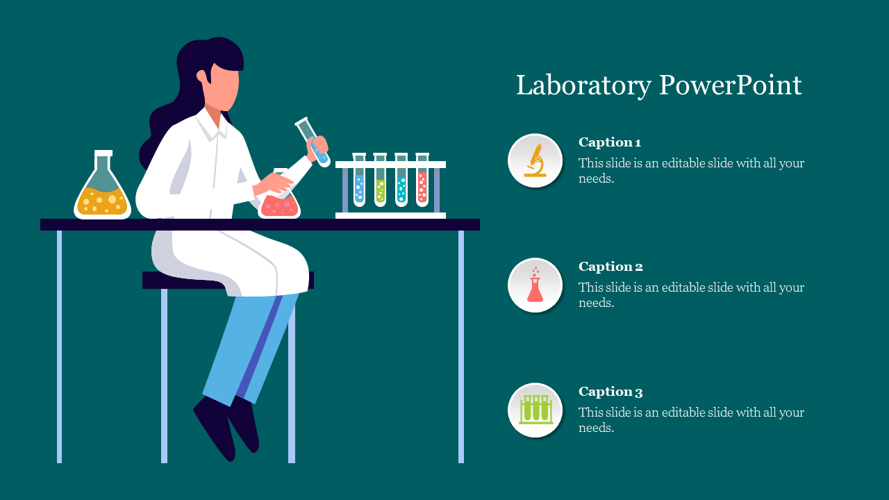 Female scientist seated at a lab table mixing liquids in flasks and test tubes, with three icon captions on the right.