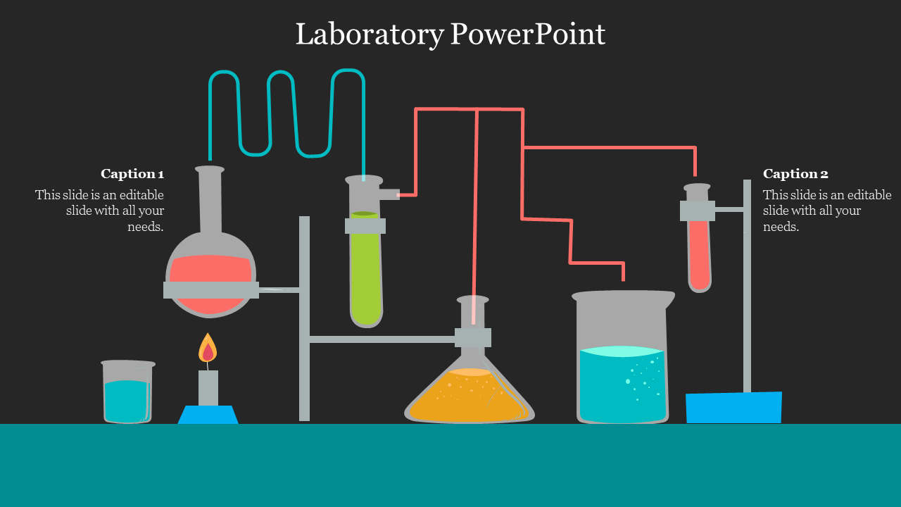 Laboratory illustration featuring beakers and connected glassware with colored liquids, captions on both edges.