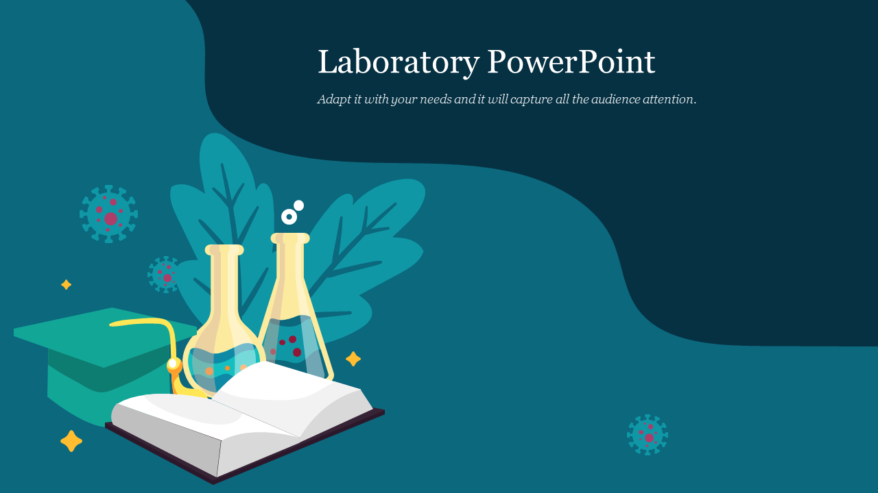 Science education illustration showing flasks, book, and graduation cap with virus icons, on a teal blue wavy layout.