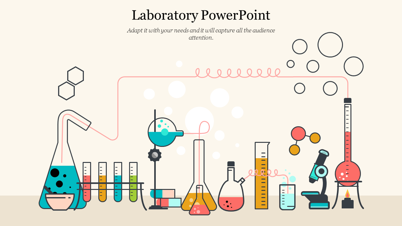 Laboratory illustration featuring beakers, test tubes, flasks, and molecular icons, with tubing and bubbles across the top.