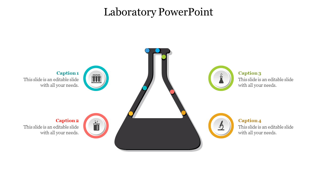 Laboratory slide with a large black flask in center, surrounded by four colored icons and caption texts on white background.