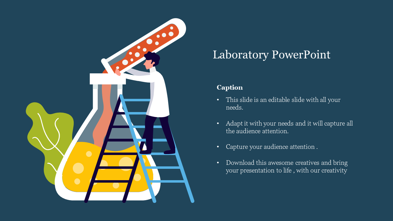 Scientist standing on ladder pouring orange liquid into a giant flask, with caption text on dark blue background.