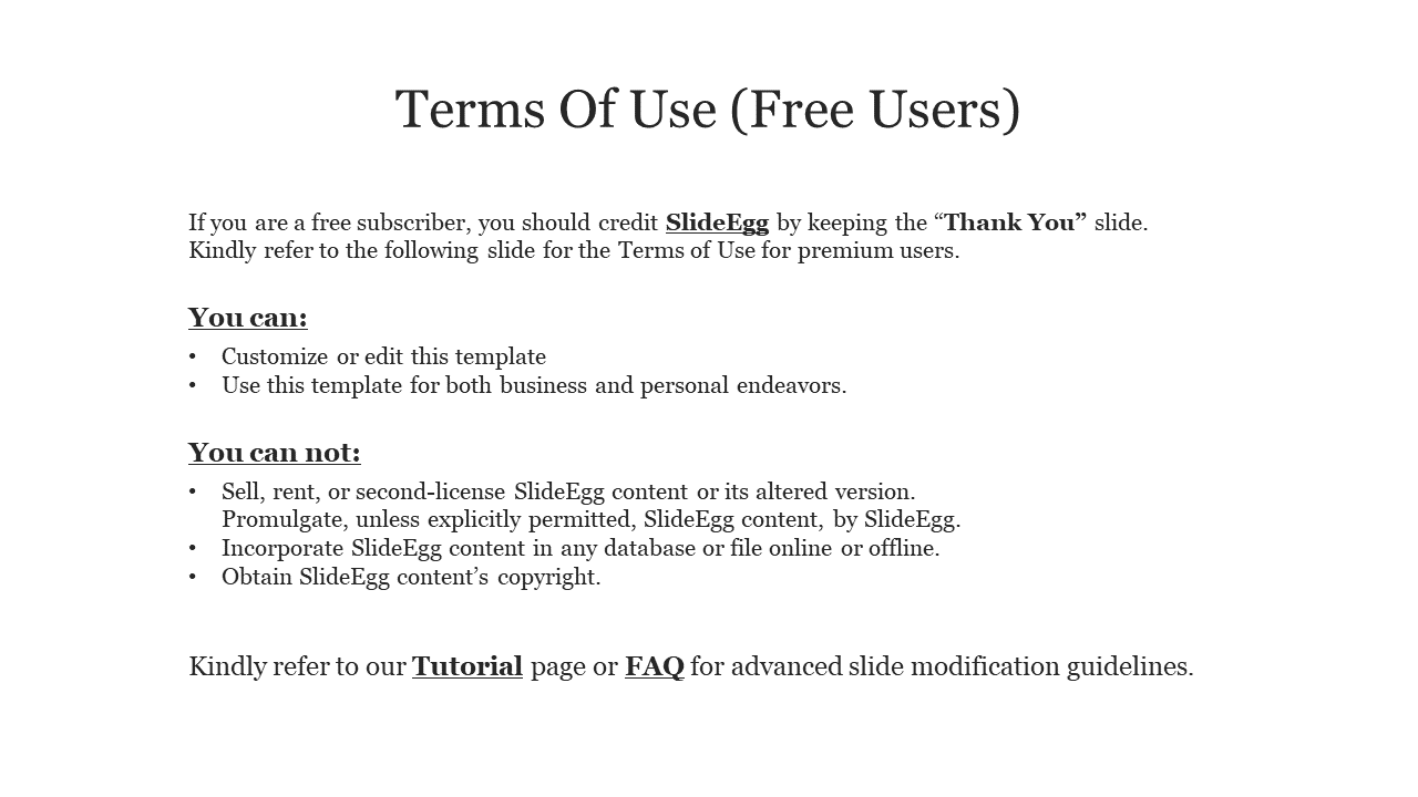 Terms of Use slide for free users outlining allowed and prohibited uses of SlideEgg templates, with bolded section headers.