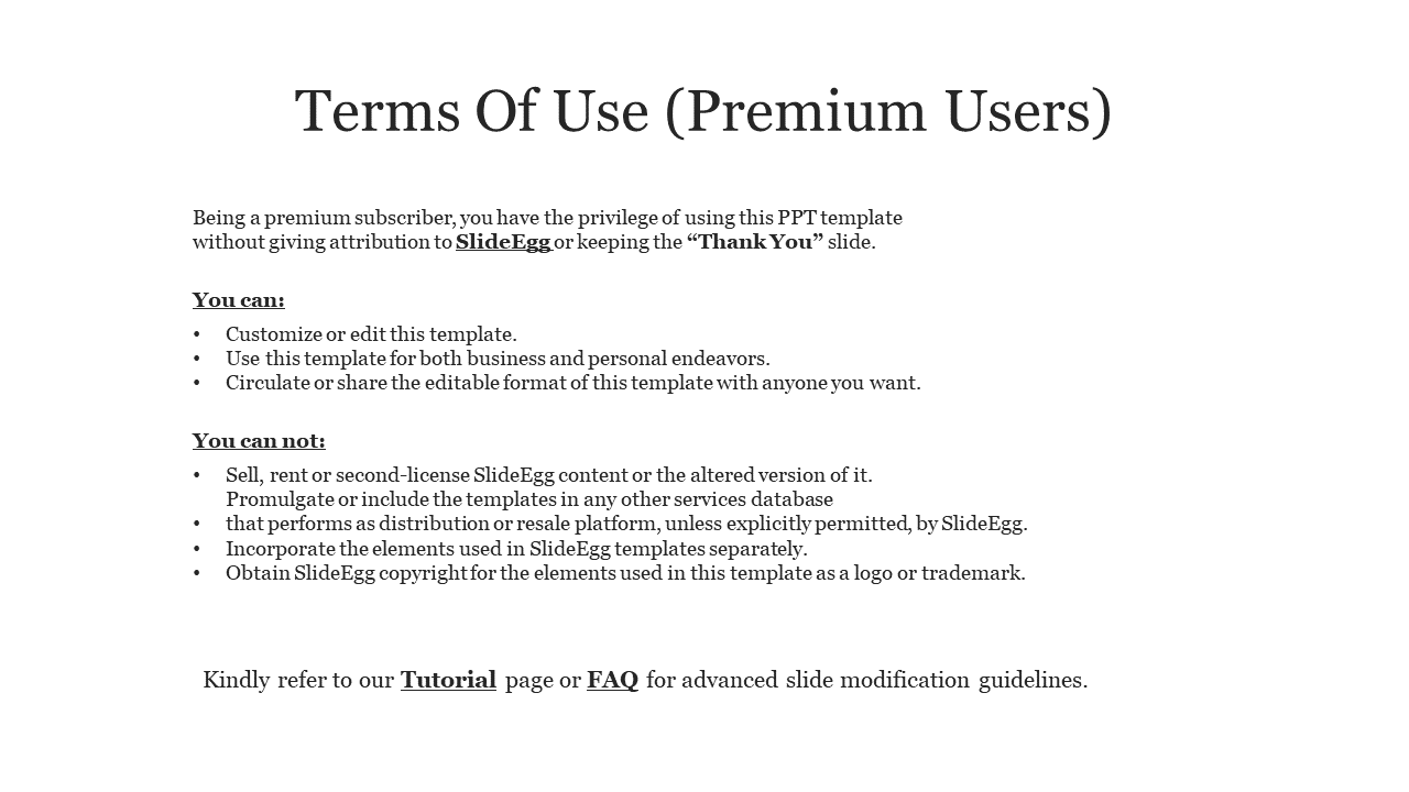 Terms of Use slide for premium users with listed permissions and restrictions, no SlideEgg attribution required.