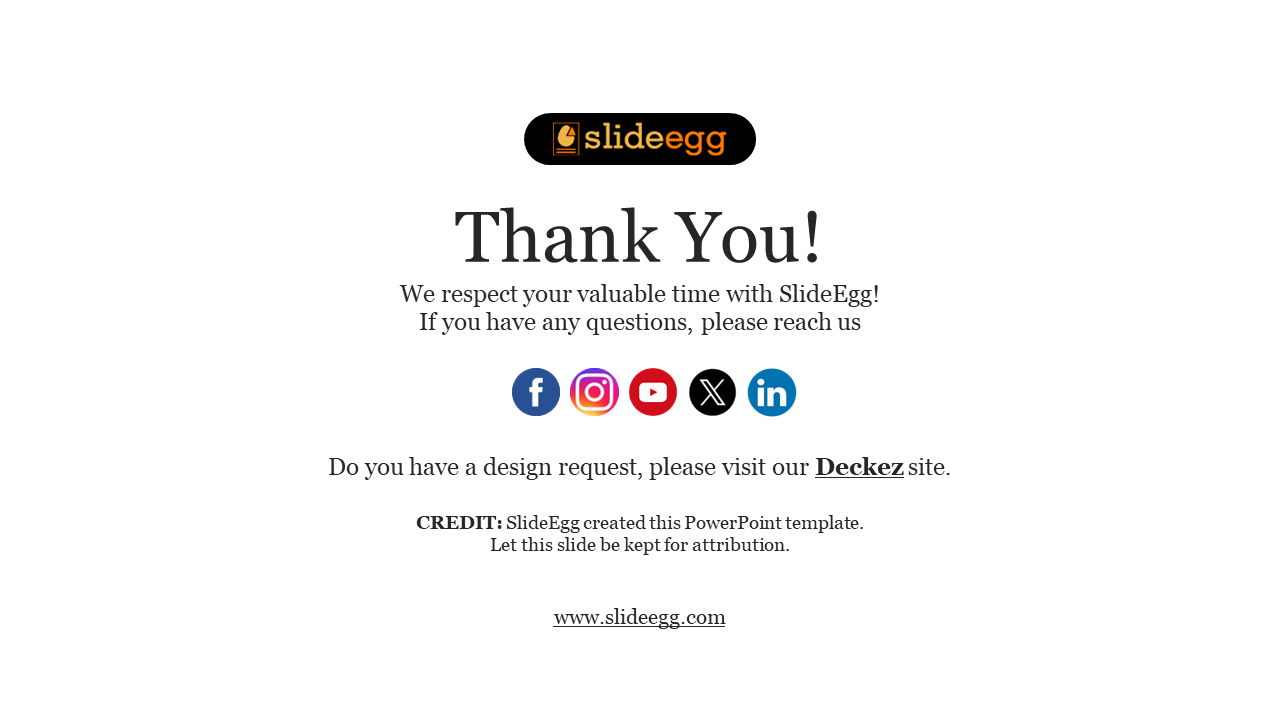 Thank You slide with SlideEgg logo, social media icons, contact message, and credit note at the bottom.