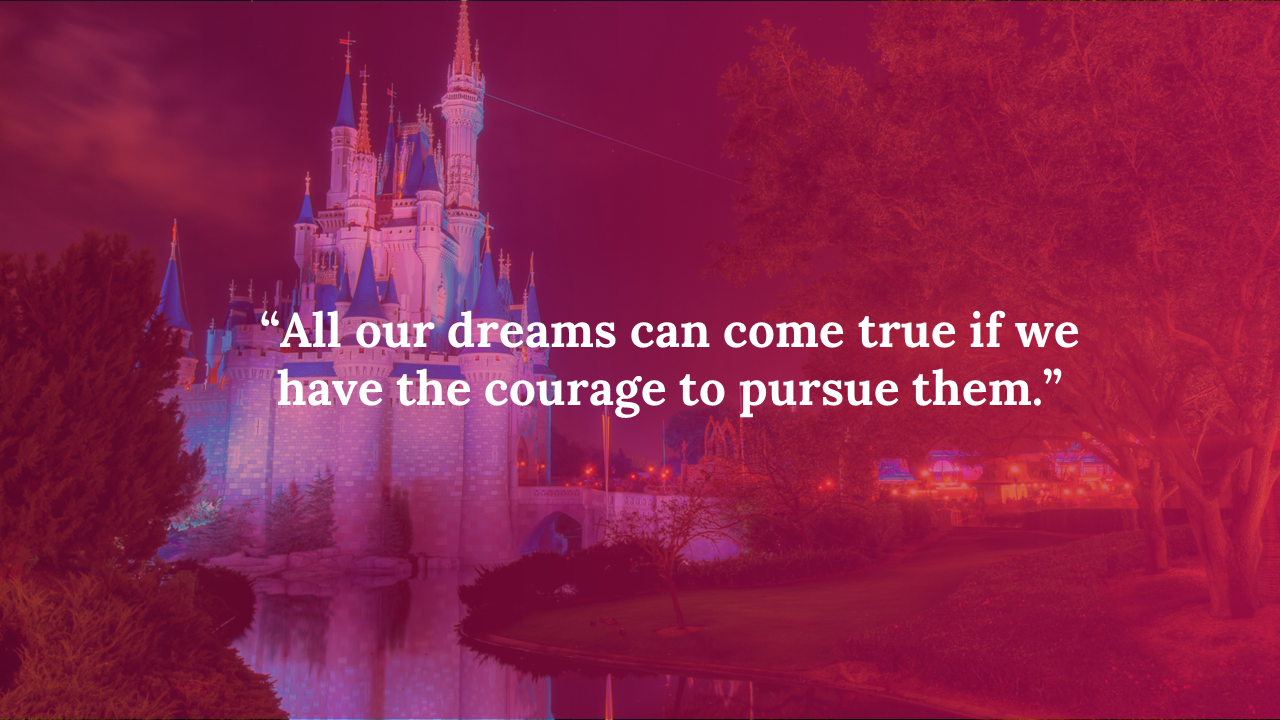 Castle lit at night with trees and water reflection, overlaid with a pink hue and a motivational quote in white font.