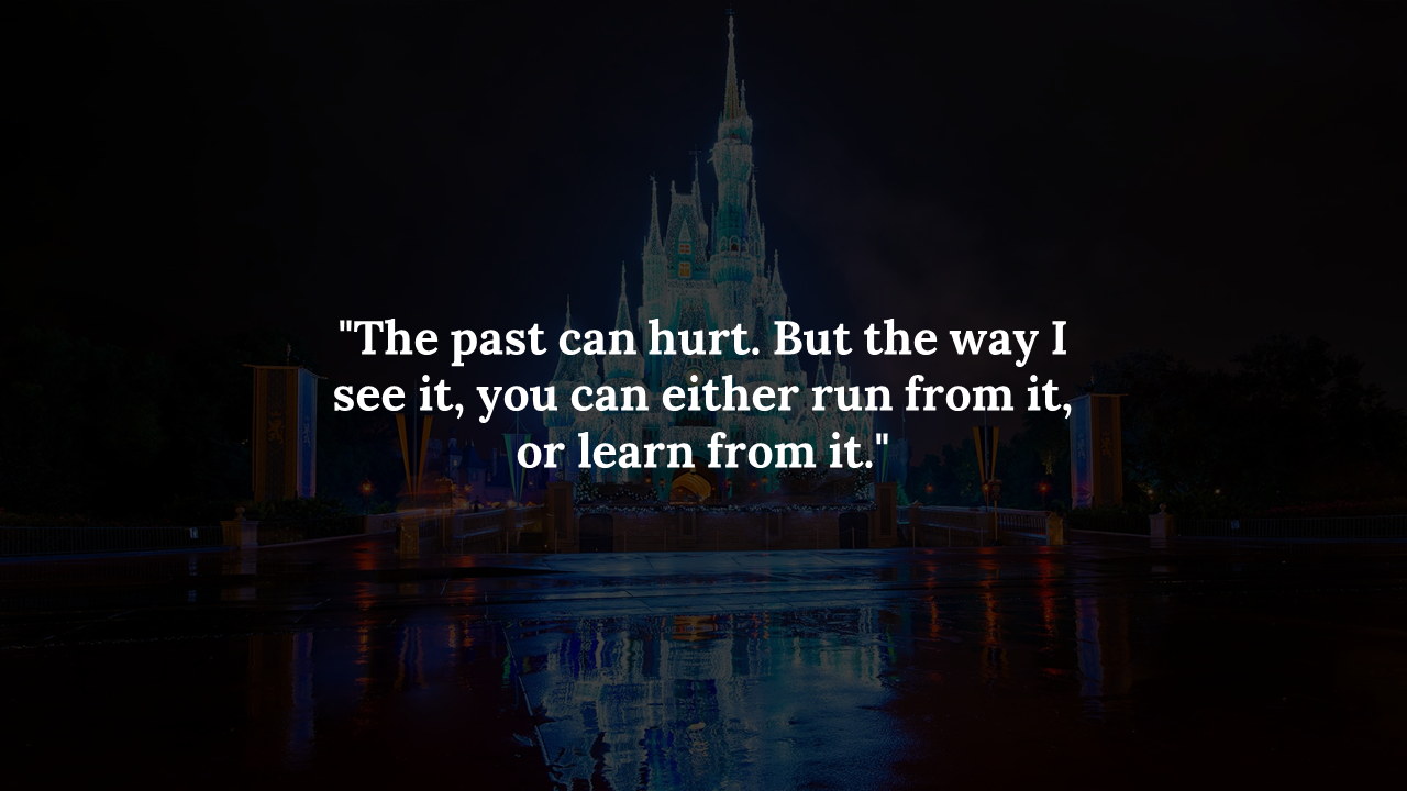 Nighttime view of a glowing castle with reflection on wet ground and a centered quote about learning from the past.
