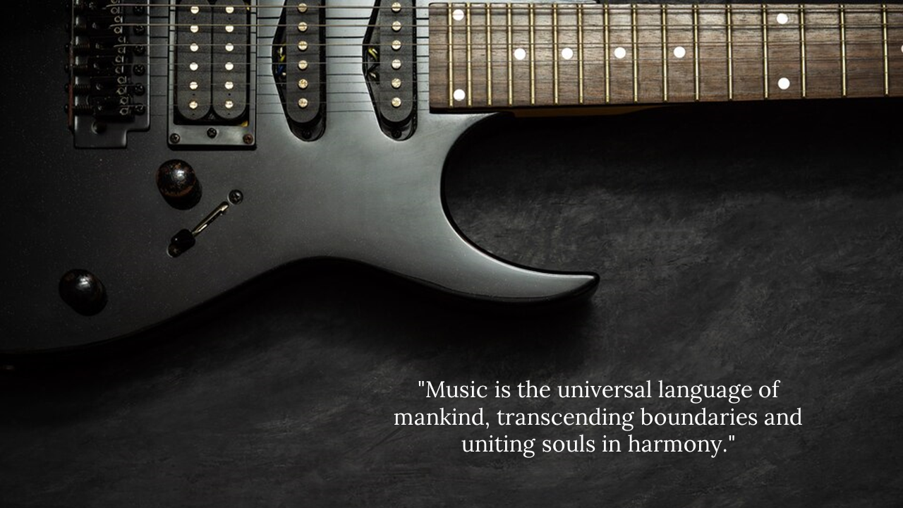 Partial view of an electric guitar with wooden fretboard and quote on music's power to unite across boundaries.