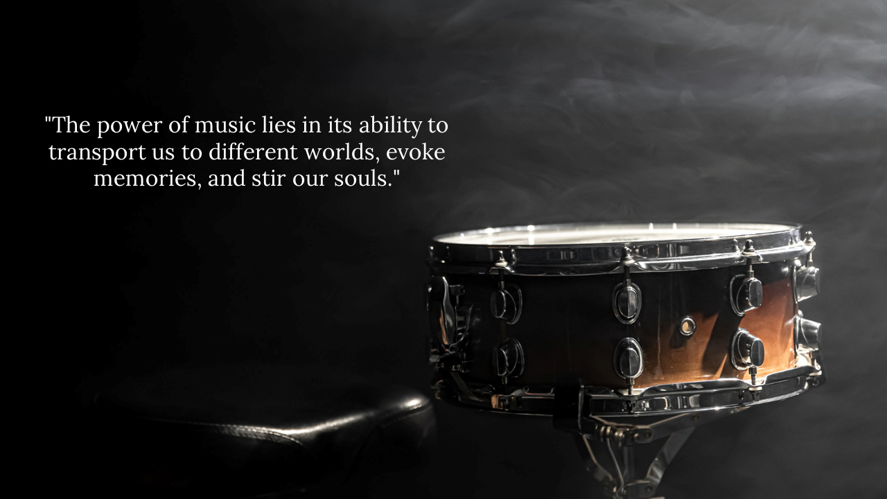 Snare drum in spotlight on a smoky dark background with a quote about music’s power to evoke emotion and imagination.